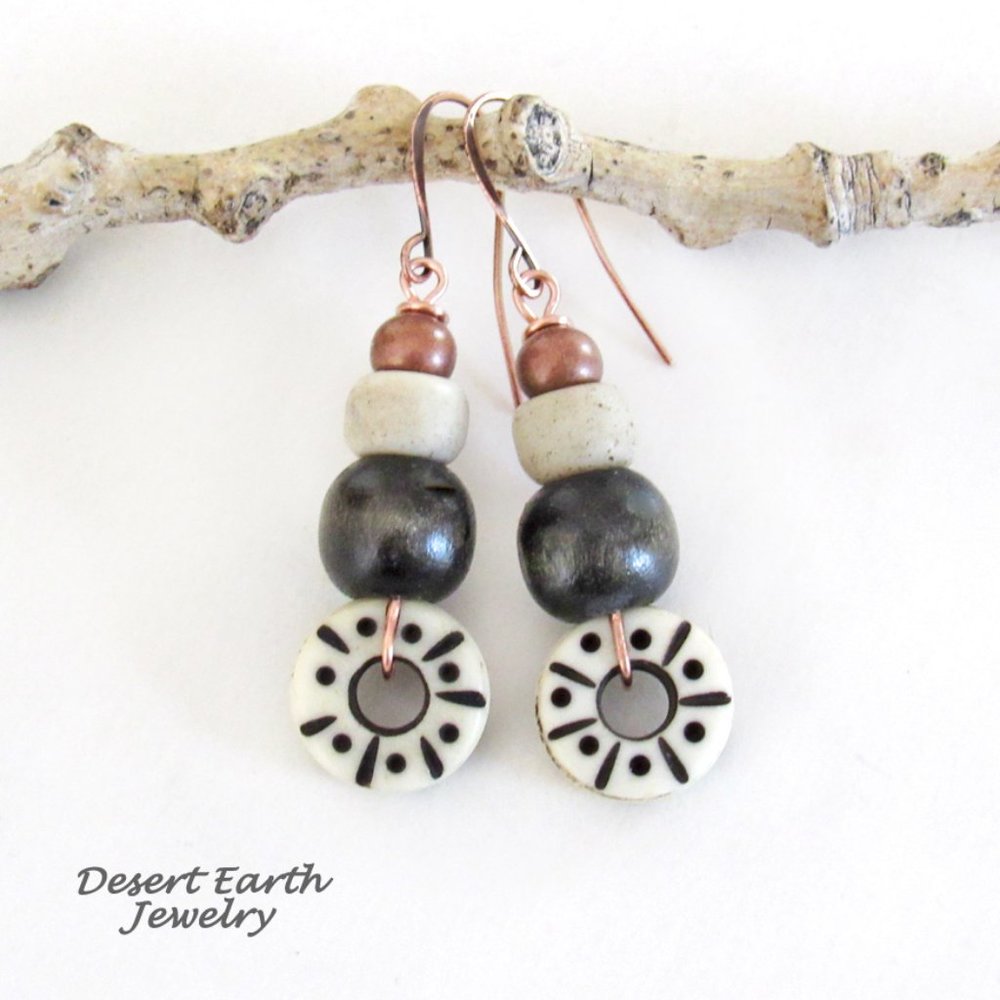 Boho Tribal Earrings with Copper, Wood, African Carved Bone & Glass Beads